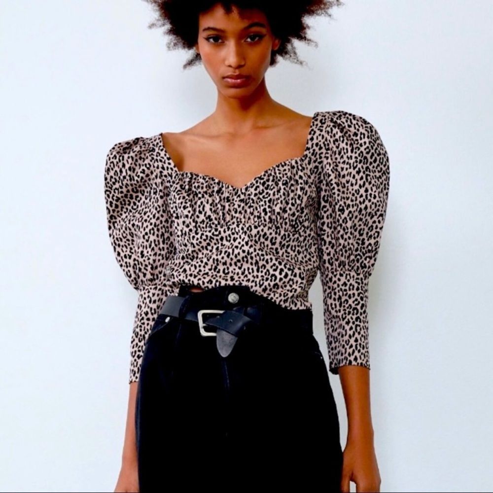 ZARA PUFF LONG SLEEVE LEOPARD CHEETAH CROP PEPLUM BALOON SLEEVE SWEETHEART NECK
